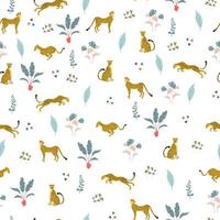 Seamless pattern with wild cats Cheetahs in different poses and exotics palms tree coloured with bright pastel. Tropical summer on white backdrop. Great for wrap paper, wallpapers, web page vector