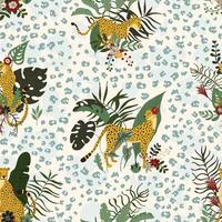 patrón impecable con animales salvajes de guepardos de la selva en diferentes poses y exóticas flores y hojas. gatos tropicales con piel de leopardo. ideal para envolver papel, papeles pintados, textiles de superficie vector