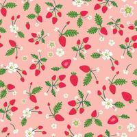 Summer seamless pattern with fresh strawberries on pink backdrop. Surface design vector illustration, great for restaurants, bakeries, textiles, home decor, paper, packaging and wrapping use.
