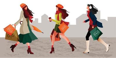 Character set stylish women walking holding shopping bag in autumn warm outfits. Concept of pretty and fashionable young girls enjoying discounts. Great for poster, banner, flyer for Autumn Sale. vector