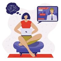 Woman watching breaking news on her notebook at her couch, feeling scared and anxious. News can cause Anxiety. Illustration of person engaged with latest News. Flat vector illustration style