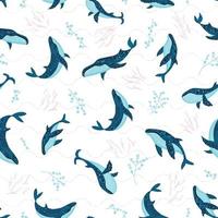 Seamless pattern with underwater humpback whales swimming on white wave background. Vector illustration with whales in riverbed surrounded by seaweed and algae.