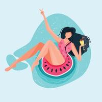 Woman sitting on watermelon buoy on water. Fruit inflatable circle. Fun outdoor sunbath activity. Summer concept illustrations for posters, banners, flyers, invitations, cards, magazines vector