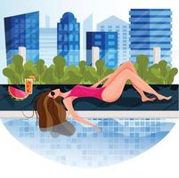 Girl sunbathing on private rooftop pool with cityscape view. Fun sunbathe activity indoor. Stay at home during hot and heat summer. Spend summer at home. Summer concept design. vector