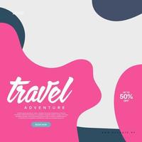 Social media post template for travel and tourism business promotion with agency logo and icons. Summer beach vacation web banner on abstract background. Travel sales poster. Online marketing flyer. vector