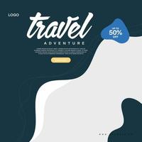 Social media post template for travel and tourism business promotion with agency logo and icons. Summer beach vacation web banner on abstract background. Travel sales poster. Online marketing flyer. vector