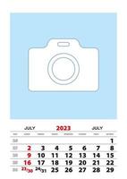 July 2023 calendar planner A3 size with place for your photo. vector