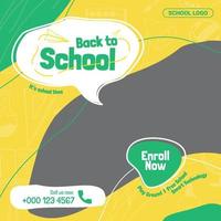 School social media template design with green and yellow style and fun line drawing with with speech bubble vector