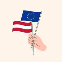 Cartoon Hand Holding European Union And Austrian Flags. EU Austria Relationships. Concept of Diplomacy, Politics And Democratic Negotiations. Flat Design Isolated Vector