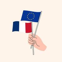 Cartoon Hand Holding European Union And French Flags. EU France Relationships. Concept of Diplomacy, Politics And Democratic Negotiations. Flat Design Isolated Vector