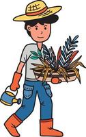 Hand Drawn male farmer holding a basket of fruits and vegetables illustration vector