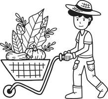 granjero masculino dibujado a mano empujando ilustración de carrito de verduras y frutas vector