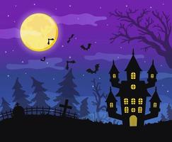 Halloween background with a haunted house and a cemetery. Vector illustration of a spooky abandoned house.