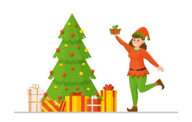 Vector illustration of the concept of an elf decorating a Christmas tree. Winter Traditions.