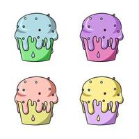 A set of colored icons, a delicious cupcake poured with sweet delicate cream and sprinkled with sugar, a vector illustration in cartoon style on a white background