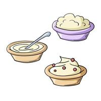 A set of illustrations, various ceramic deep plates with porridge, thick sour cream, with a spoon, vector illustration in cartoon style on a white background