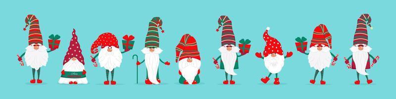 un gran conjunto de gnomos navideños. lindos personajes de cuentos de hadas con regalos y dulces. ilustración vectorial en estilo plano. vector