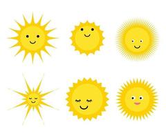 feliz puesta de sol de dibujos animados. personajes soleados. brillantes soles brillantes. luz de sol. elementos de verano lindos y kawaii vector