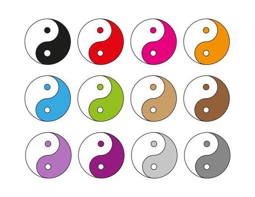Yin yang symbol. Taijitu Chinese traditional symbol. Icon, logo, design, set of twelve. Colorful clipart