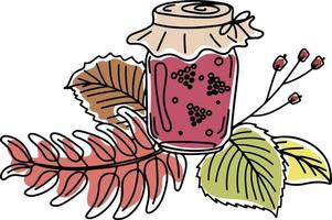 Doodle style vector raspberry jam with autumn leaves decoration, isolated on white background