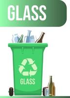 Green garbage container with separated glass waste. Waste management design template. Isolated on white background vector