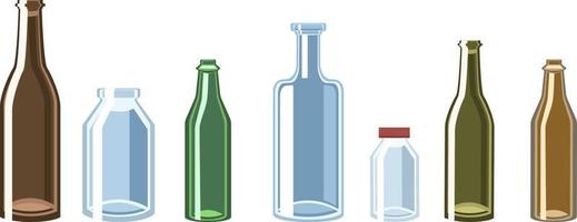 conjunto de varias botellas y frascos de vidrio. residuos de vidrio. botellas vacías aislado sobre fondo blanco.