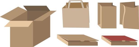 Set of various cardboard boxes, paper bags and packaging. Paper packaging, isolated on white background vector