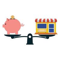 Piggy Bank and Shop on weighing machine Saving on shopping concept vector