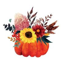 Fall bouquet with sunflower and dahlia in pumpkin vase, hand drawn vector watercolor illustration