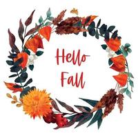 Fall wreath, floral autumn frame, hand drawn vector watercolor illustration
