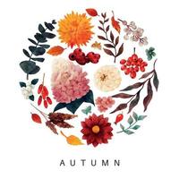 Lush floral round composition, fall floral elements, hand drawn vector watercolor srt