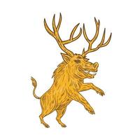 Wild Boar Razorback With Antlers Prancing Drawing vector