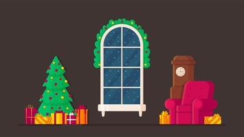 Beautiful room decorated in a New Year's style. Vector illustration of a christmas window.