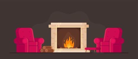 Vector illustration of the concept of a cozy room with a fireplace and armchairs. Bask by the fireplace in the cold season.