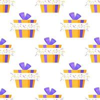 Vector illustration of box confetti pattern. Gift wrapping paper. Seamless drawing of gifts for the New Year.