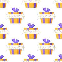 Vector illustration of box confetti pattern. Gift wrapping paper. Seamless drawing of gifts for the New Year.