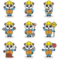 ilustración vectorial del personaje panda en el sitio de construcción. trabajadores de la construcción en diversas herramientas. personajes de panda de dibujos animados con sombrero duro trabajando en el vector del sitio de construcción.