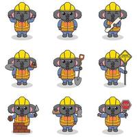 ilustración vectorial del personaje koala en el sitio de construcción. trabajadores de la construcción en diversas herramientas. personajes de koala de dibujos animados con sombrero duro trabajando en el vector del sitio de construcción.