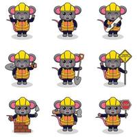 ilustración vectorial del personaje del ratón en el sitio de construcción. trabajadores de la construcción en diversas herramientas. personajes de dibujos animados de ratones con sombrero duro trabajando en el vector del sitio de construcción.