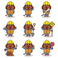 Vector illustration of Dog character at construction site. Construction workers in various tools. Cartoon Dog characters in hard hat working at building site vector.