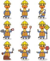 ilustración vectorial del personaje de jirafa en el sitio de construcción. trabajadores de la construcción en diversas herramientas. personajes de jirafa de dibujos animados con sombrero duro trabajando en el vector del sitio de construcción.