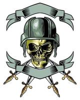 military skull with ribbon and knife below vector