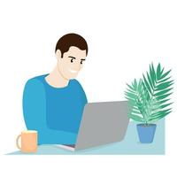 retrato de un tipo feliz sentado en una mesa con una laptop, el tipo trabaja en casa, vector plano, aislado en blanco, oficina en casa, en la mesa una taza y una maceta