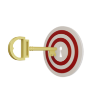 cible 3d avec clé dans le trou de la serrure. les hommes d'affaires détiennent une grande clé et atteignent l'objectif commercial. analyse boursière. objectifs de réalisation avec stratégie png