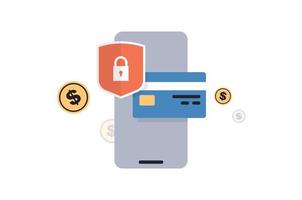 seguridad financiera de dinero de tarjeta de crédito para compras en línea, tarjeta de crédito de pago en línea con ilustración de vector plano de concepto de protección de pago.