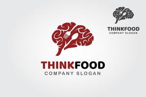 Piense en la plantilla del logotipo del vector de alimentos. un diseño de logotipo creativo y único que presenta un cerebro humano con cuchara y tenedor. este logotipo se puede cambiar de tamaño fácilmente y los colores se pueden cambiar para adaptarse a su proyecto.