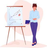 Confident woman wearing smart clothes and highheel stands next to a board with drawn graph and chart holding notepad. Vector illustration concept of business woman giving a presentation