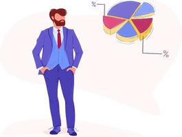 Business man in formal suit analyzing data depicted on pie diagram. Standing pose with hands in pockets. Vector illustration of confident man presenting financial analysis