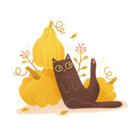 chat noir de dessin animé assis avec des citrouilles. chat drôle avec de grands yeux jaunes est assis près d'une grosse citrouille. concept isolé avec feuilles d'automne et chute des feuilles. illustration dessinée à la main texturée raster plat. png