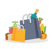 Paper bags with healthy organic fresh and natural food. Grocery delivery concept illustration. vector